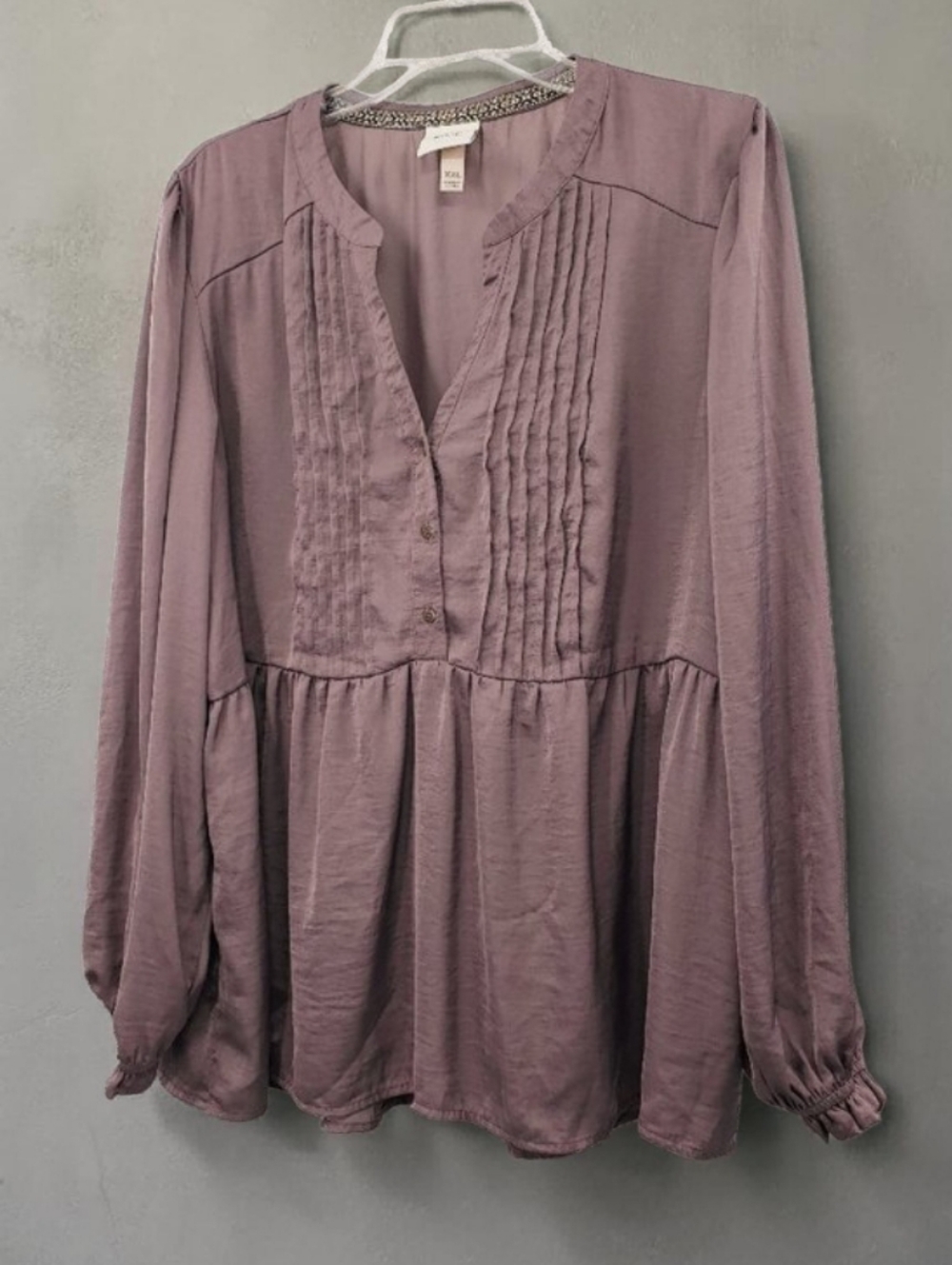 Knox Rose Peasant Sleeve Pullover Tunic Sz XXL Mauve Pintuck Pleat Peplum Silky